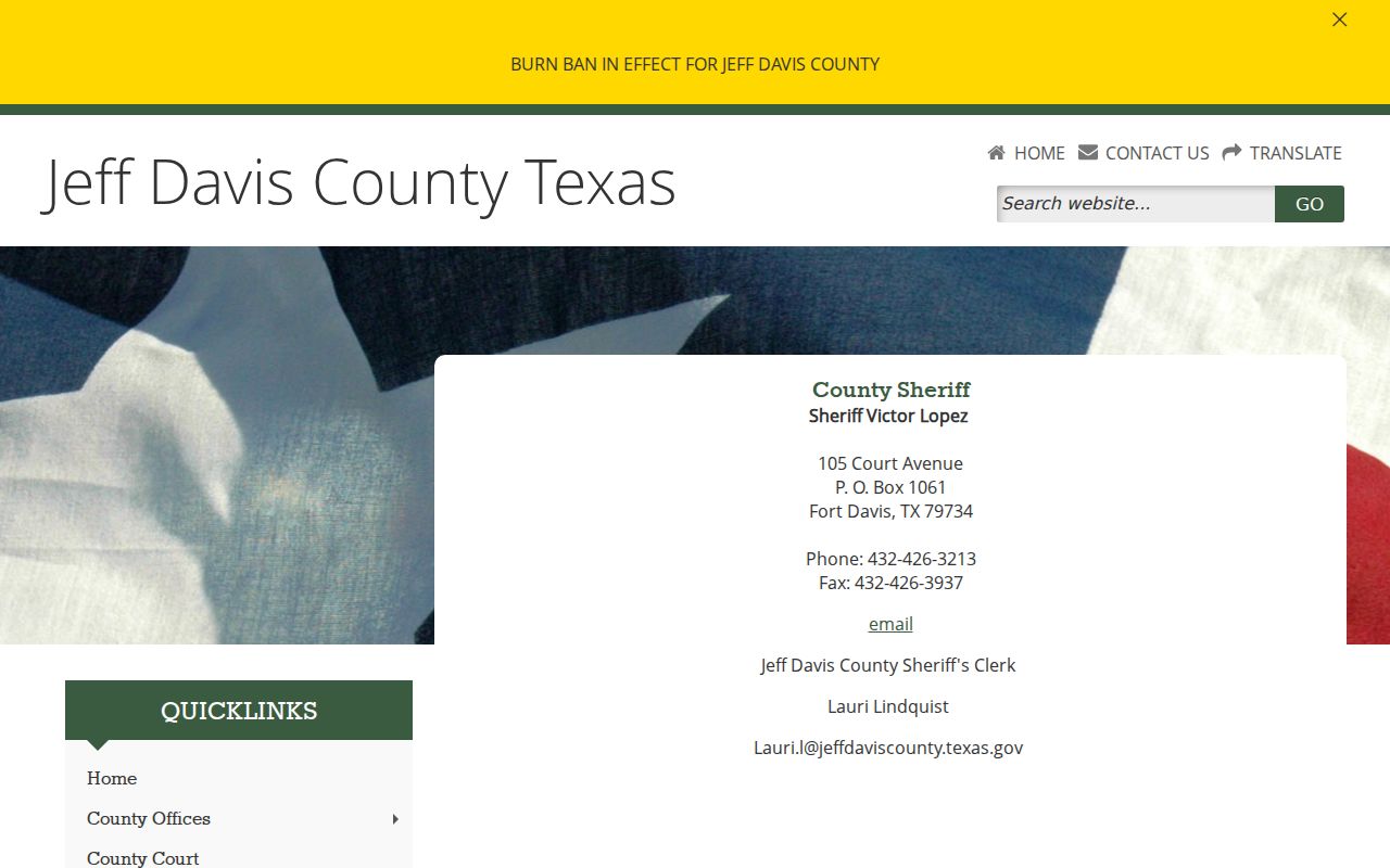 Jeff Davis County Sheriff contact page for arrest and custody records