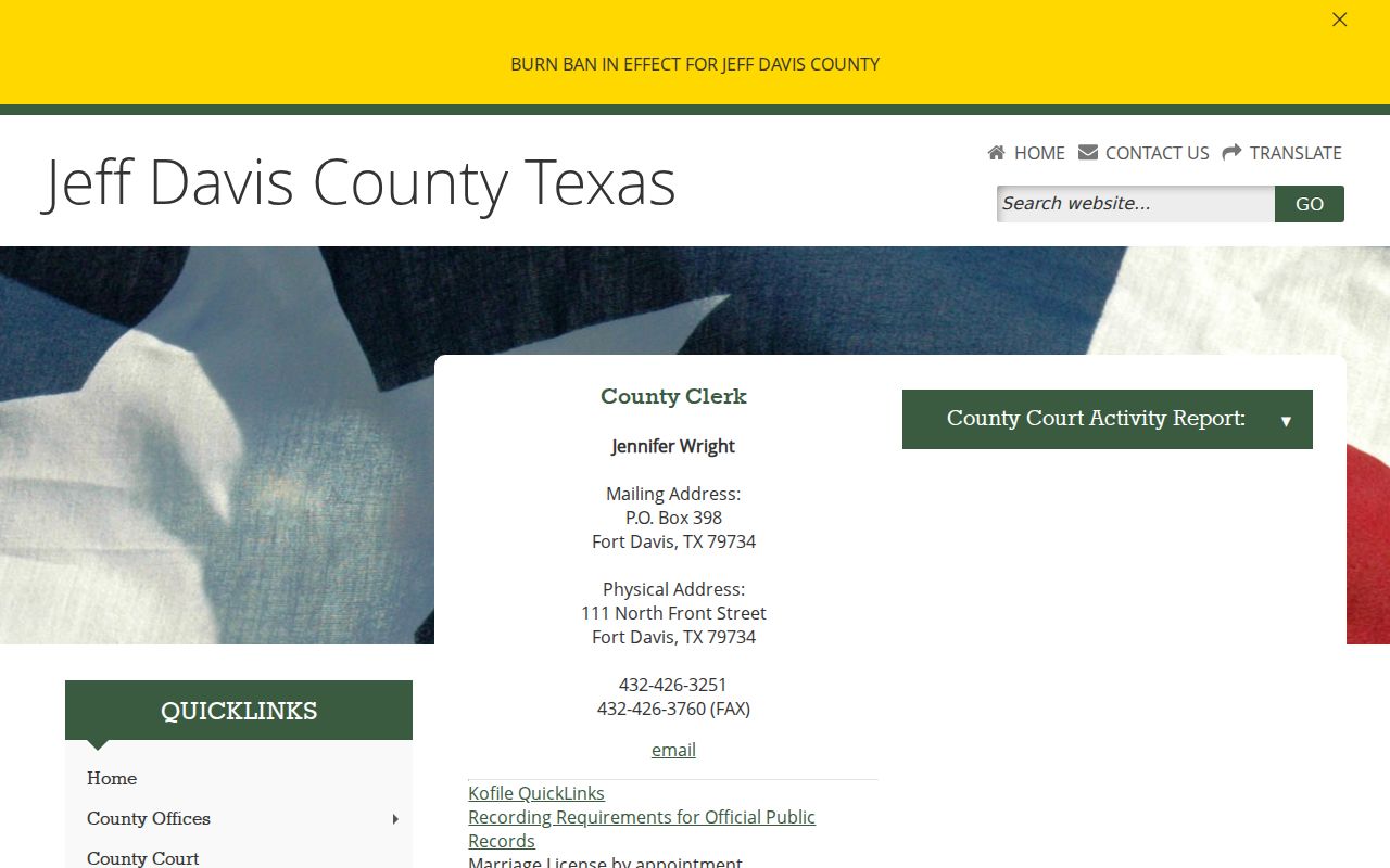 Jeff Davis County Clerk page for county criminal case files