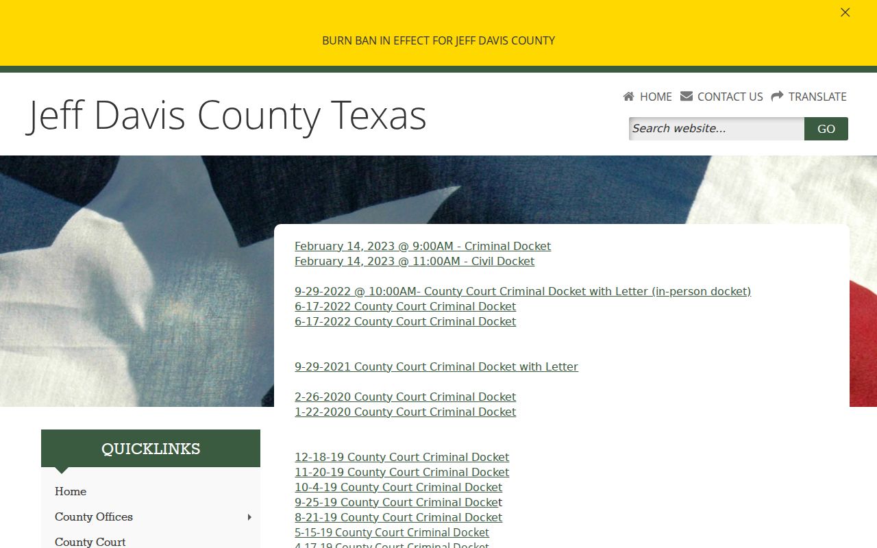 Jeff Davis County Court page with dated criminal docket links