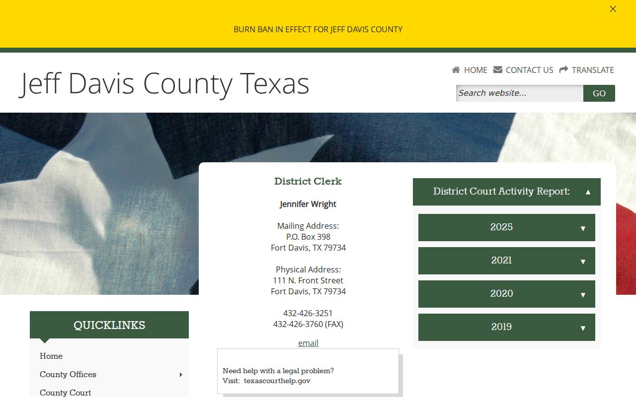Jeff Davis County District Clerk contact page for felony court records