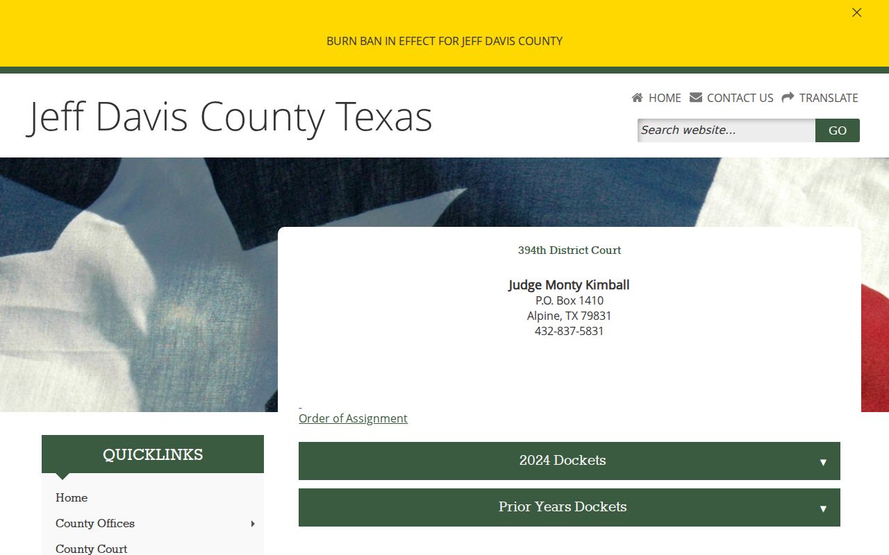 394th District Court docket page for Jeff Davis County felony cases