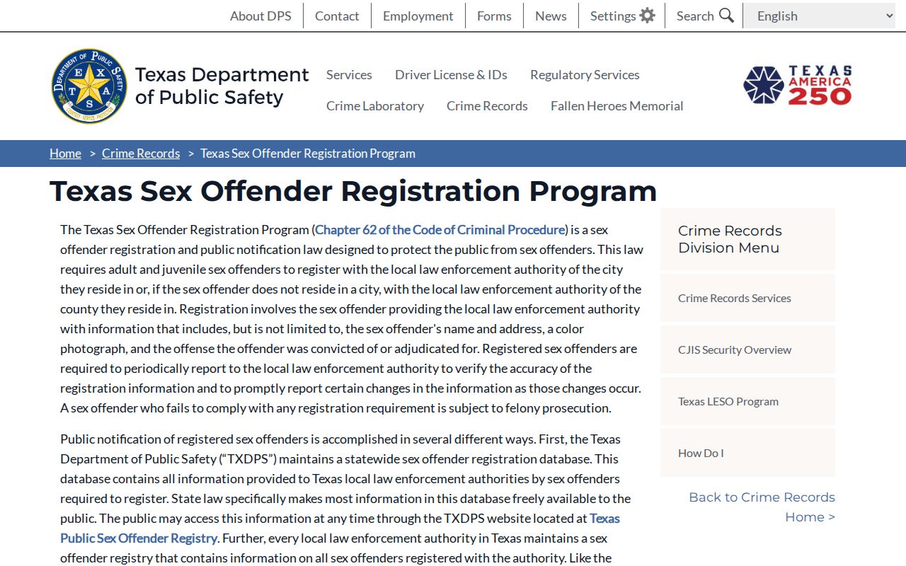 Texas program details for Jeff Davis County sex offender registration